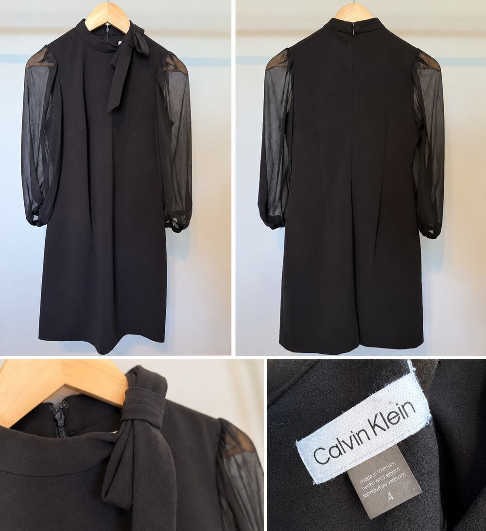 Calvin Klein Black Sheer Sleeve Tie Neck Shift Dress